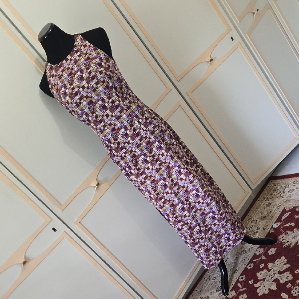 VNTG y2k Column Dress in Funky Print~ Sleeveless, Slinky, Sheath, Sundress ~ SM